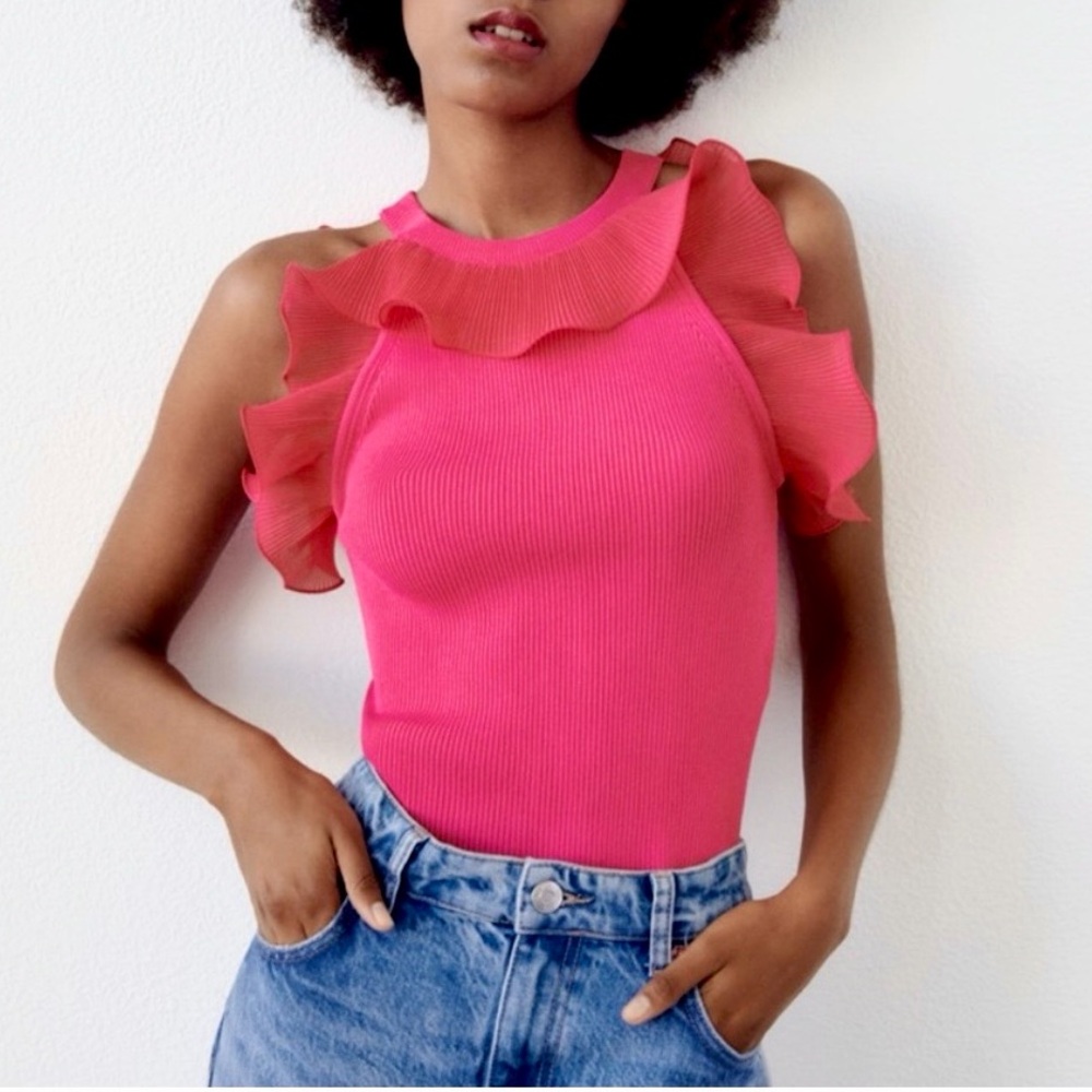 Zara NWT fuchsia pink ruffle ribbed rib knit stretchy top